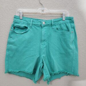Judy Blue Womens 1XL Frayed Hem Denim Shorts In Teal